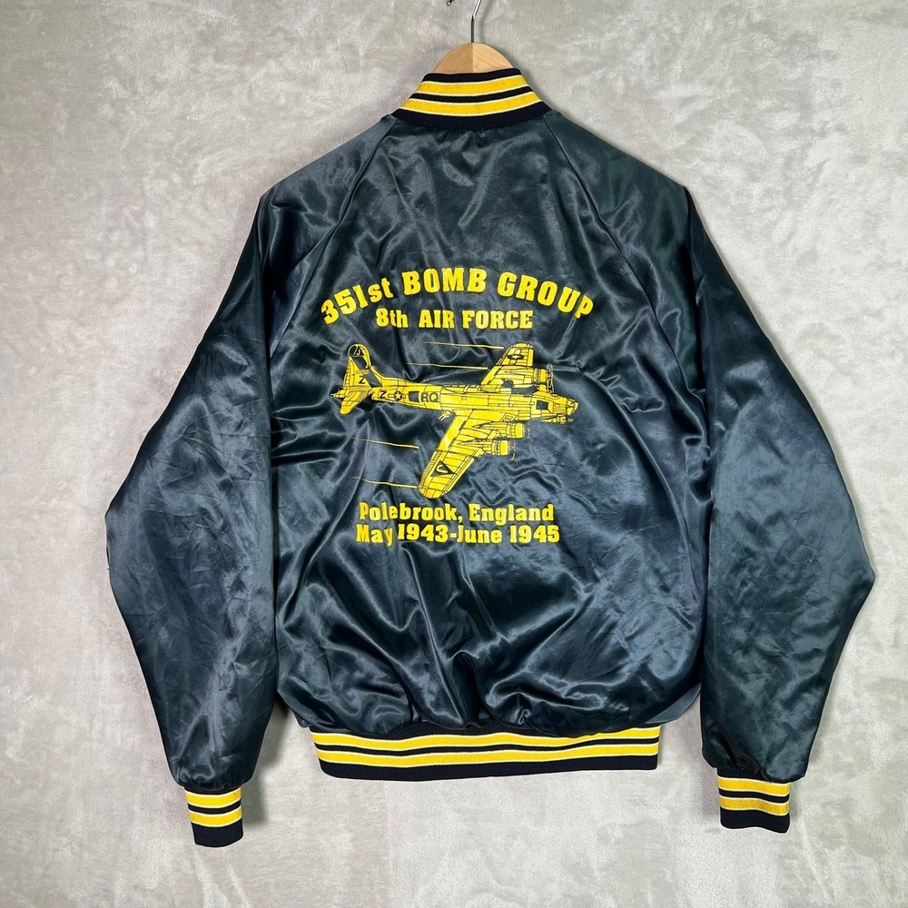 Vintage Satin Bomber Jacket WWII Airplane Logo 351st Bomb Group 8th Airforce